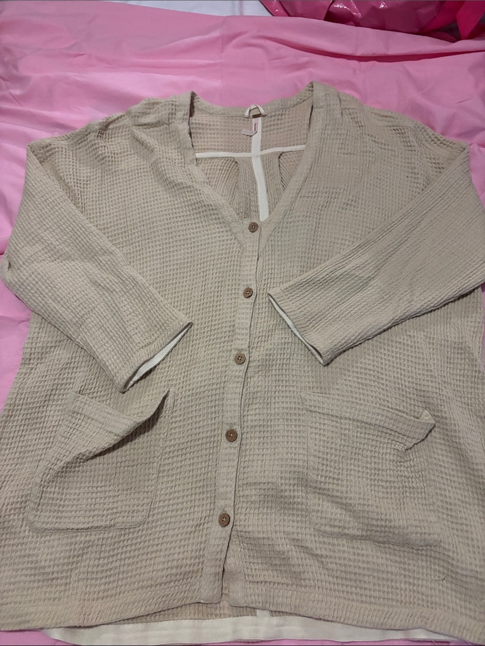 Free People Beige Waffle-Knit Button Cardigan
